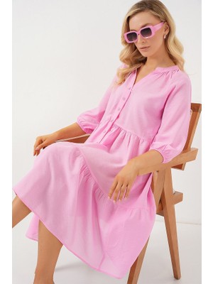 Buğrahayalin Düğmeli Kısa Kol Elbise 2559 - Pembe