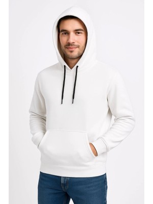 Buğrahayalin Erkek Üç Iplik Kapüşonlu Kanguru Cepli Sweatshirt Hoodie - Beyaz