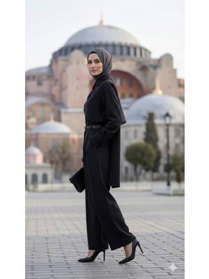 Buğrahayalin Kadın Uzun Kollu Şal Detaylı Bluz ve Pantolon Kemer Dahil Ikili Takım