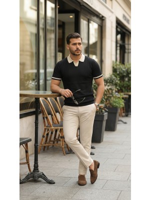 Indispensablely Erkek Renkli Yakalı File Desenli Kısa Kollu Tişört