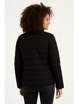 Indispensablely Mikro Su Itici Kapitone Baskılı Astarlı Fermuarlı Bomber Mont - Siyah