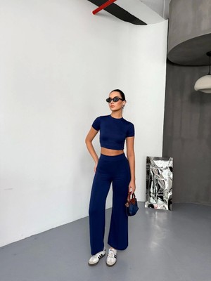 Infivento Osy Modal Yumuşak Dokulu Kumaş Kısa Kollu Crop Alt Ispanyol Paça Pantalon Ikili Takım - Lacivert