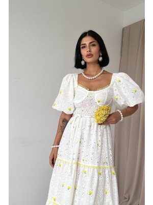 Buğrahayalin Sarı Dantel Detaylı Brode Elbise