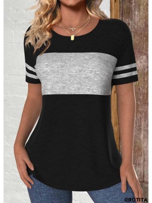 Buğrahayalin Kadın Kısa Kollu Bisiklet Yaka Çift Renkli Viskon Bluz