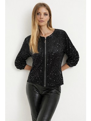 Indispensablely Kadın Uzun Kollu Önü Fermuarlı Kısa Pulpayet Ceket