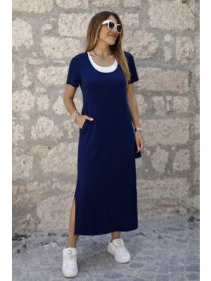 Indispensablely Kadın Kısa Kollu Içi Atlet Görünümlü Yandan Yırtmaçlı Uzun Viskon Elbise