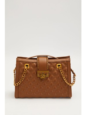Lêvi D'or Kapitone Işlemeli Zincir ve Katlama Kilit Detaylı Kadın Büyük Boy Şık Omuz Çantası Camel