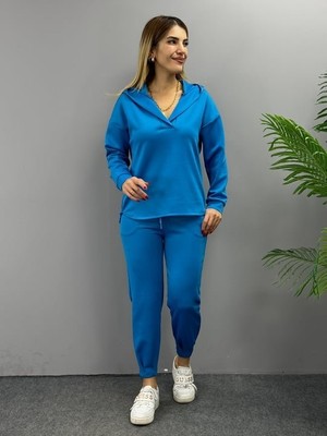 Indispensablely Kadın Uzun Kol V Yaka Kapüşon Detay Sweat ve Yüksel Bel Eşofman Ikili Takım