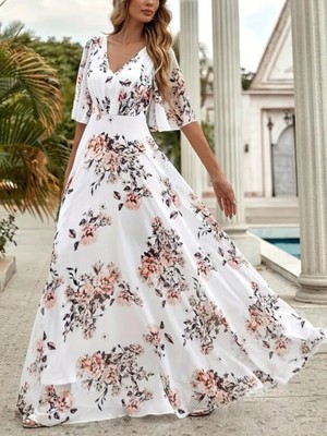 Buğrahayalin Kadın Kısa Kollu V Yakalı Çiçek Desenli Süprem Elbise