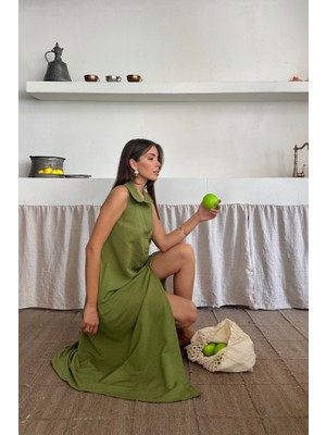 Buğrahayalin Keten Önden Düğmeli Kolsuz Gömlek Yaka Elbise - Yağ Yeşili