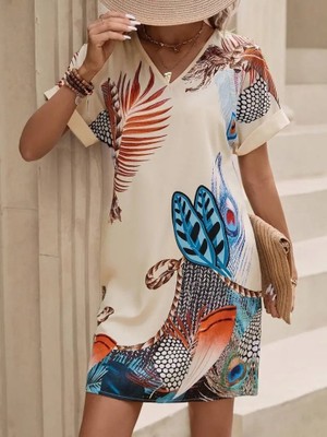 Buğrahayalin Kadın Kısa Kollu V Yakalı Desenli Mini Atlas Elbise