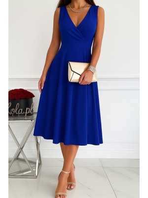 Indispensablely Kadın Ithal Krep Kumaş Kruvaze Yaka Eteği Kloş Kolsuz Mini Elbise