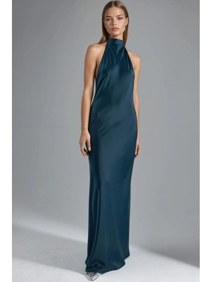 Hiccup Kadın Halter Yaka Saten Maksi Elbise Sacramento Yeşili