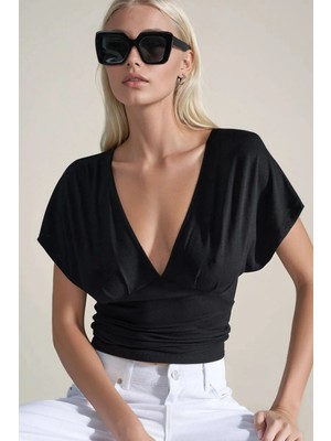 Hiccup Kadınlar Büzgülü V Yaka Tişört Siyah