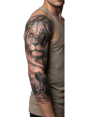 Dövme Kutusu Geçici Kol Kaplama Dövme – Aslan Kral Motifi ile Güç, Liderlik ve Asaletin Sembolü!