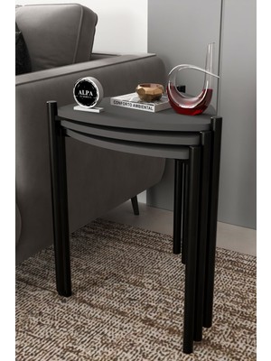Alpa Ev Mobilya 3'lü Üçgen Zigon Sehpa Seti | Metal Ayaklı Salon Oturma Odası Yan Sehpa - Kahve Sehpası