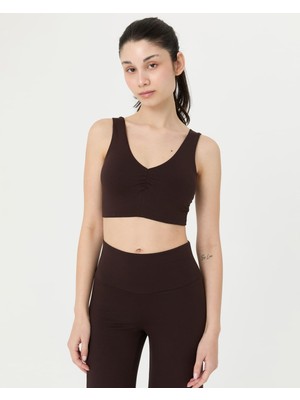 Ayma Active Kahverengi EcoVero™Viskoz Göğüs Pedsiz Büzgülü V Yaka Yoga Bra