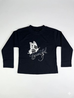 İncili Kız Çocuk Lacivert Kelebek Baskılı Sweatshirt - Gümüş Simli Detaylı Ince Penye Sweat