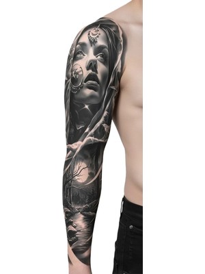Dövme Kutusu Izemli Ay Kadını Sleeve Geçici Dövme | Orman Nehir Mistik Tasarım