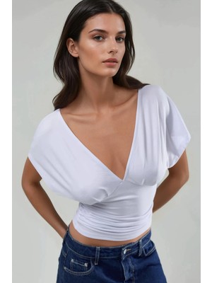 Hiccup Kadın Büzgülü V Yaka Tişört Beyaz