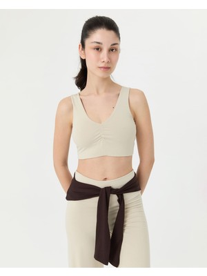 Ayma Active Krema EcoVero™Viskoz Göğüs Pedsiz Büzgülü V Yaka Yoga Bra