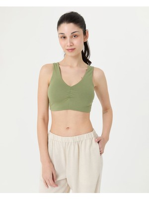 Ayma Active Matcha Yeşil EcoVero™Viskoz Göğüs Pedsiz Büzgülü V Yaka Yoga Bra
