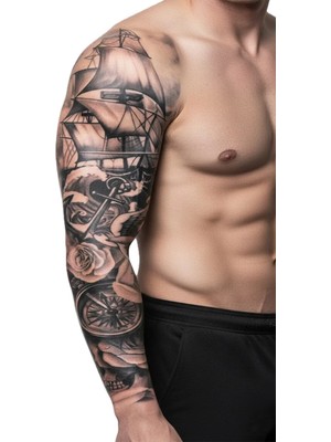 Dövme Kutusu Korsan Gemi Çapa Pusula Sleeve Geçici Dövme | Gül Kafatası Denizci Klasik Tasarım