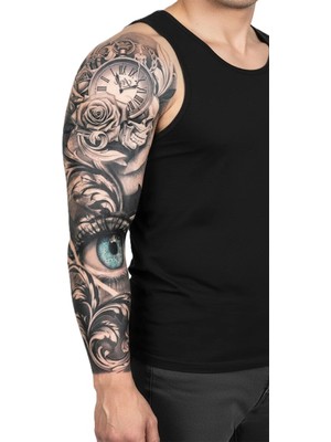 Dövme Kutusu Geçici Kol Kaplama Dövme – Göz, Saat ve Çiçek Motifi ile Zamanın Derinliği, Gözlem ve Doğanın Güzelliği!