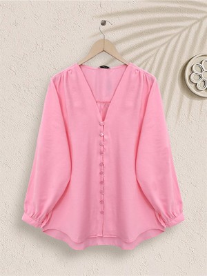 Modamorfo V Yaka Düğmeli Arkası Uzun Gömlek -Pembe