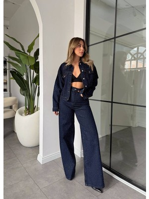 My Lunessa Kadın Denim Takım Lacivert Taş Işlemeli Oversize Yüksek Bel Geniş Paça Pantolon Ceket Ikili Takım