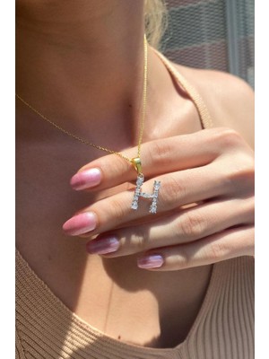 Spossy Silver Jewelry Geometrik Taşlı ‘'h'' Harf Kolye