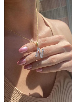 Spossy Silver Jewelry Geometrik Taşlı ‘'n'' Harf Kolye