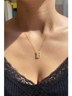Spossy Silver Jewelry Baget Taşlı B Harfi Kolye
