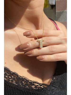 Spossy Silver Jewelry Baget Taşlı T Harfi Kolye