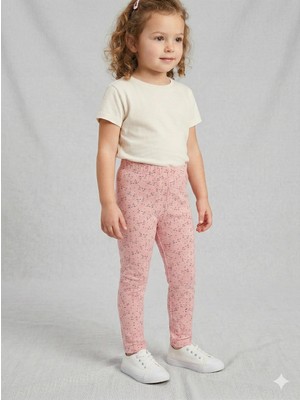İncili Pembe Kedi Baskılı Penye Kız Çocuk Tayt