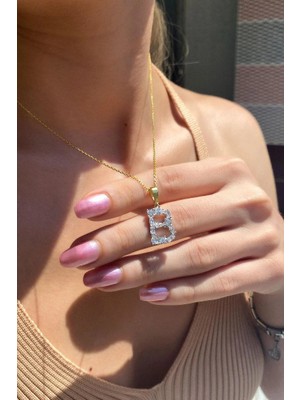 Spossy Silver Jewelry Geometrik Taşlı ‘'b'' Harf Kolye