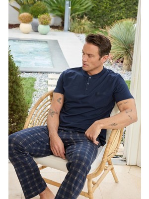 Pijamoni Erkek Pamuklu Düğmeli Yaka Lacivert Pijama Takımı