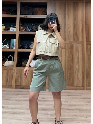 Vazıradk Beli Kemerli Licralı Gabardin Midi Boy Şort