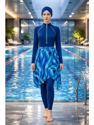 Adasea Yarım Fermuarlı Sörfçü Mayo Tayt ve Tül Etek Kombinli Yüzücü Tesettür Mayo 61116