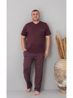Pijamoni Erkek Büyük Beden Altı Ekose Desenli Bordo Pijama Takım