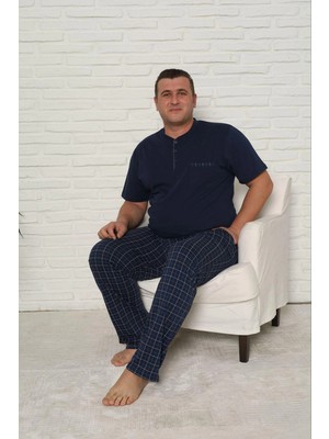 Pijamoni Erkek Büyük Beden Altı Ekose Desenli Lacivert Pijama Takım