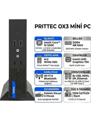 Prıttec Ox3 Intel Core I3-12100 24GB 512GB SSD Freedos Mini Pc Q7-TH610Lİ3121008 008
