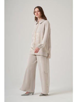 Nuss Pantolonu Nervür ve Saten Detay Takım 1048 Ekru