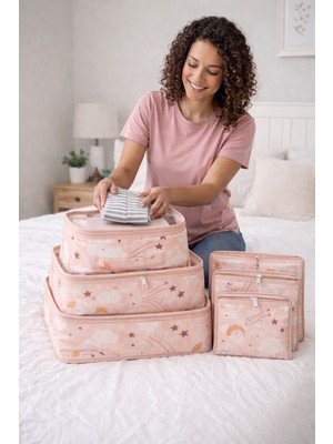 Mor Bebe Baby 6'lı Desenli Fileli Bavul Valiz Içi Düzenleyici Çok Amaçlı Organizer (Pembe)