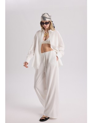 Mai Nunzia Arka Detaylı Ekru Oversize Gömlek Pantolon Takım