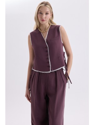 Mai Shonas Bağcık Detay Bordo Yelek Pantolon Takım