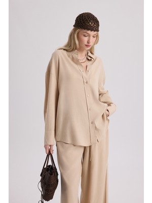 Mai Nunzia Arka Detaylı Bej Oversize Gömlek Pantolon Takım