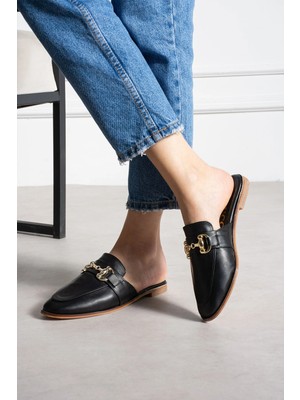 Shoetek Loive Kadın Terlik Önden Tokalı Siyah Deri