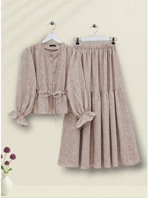 Modamorfo Önü Düğmeli Kolu Lastikli Tünel Bağcıklı Keten Takım -Vizon