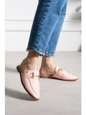 Shoetek Loive Kadın Terlik Önden Tokalı Pudra Deri